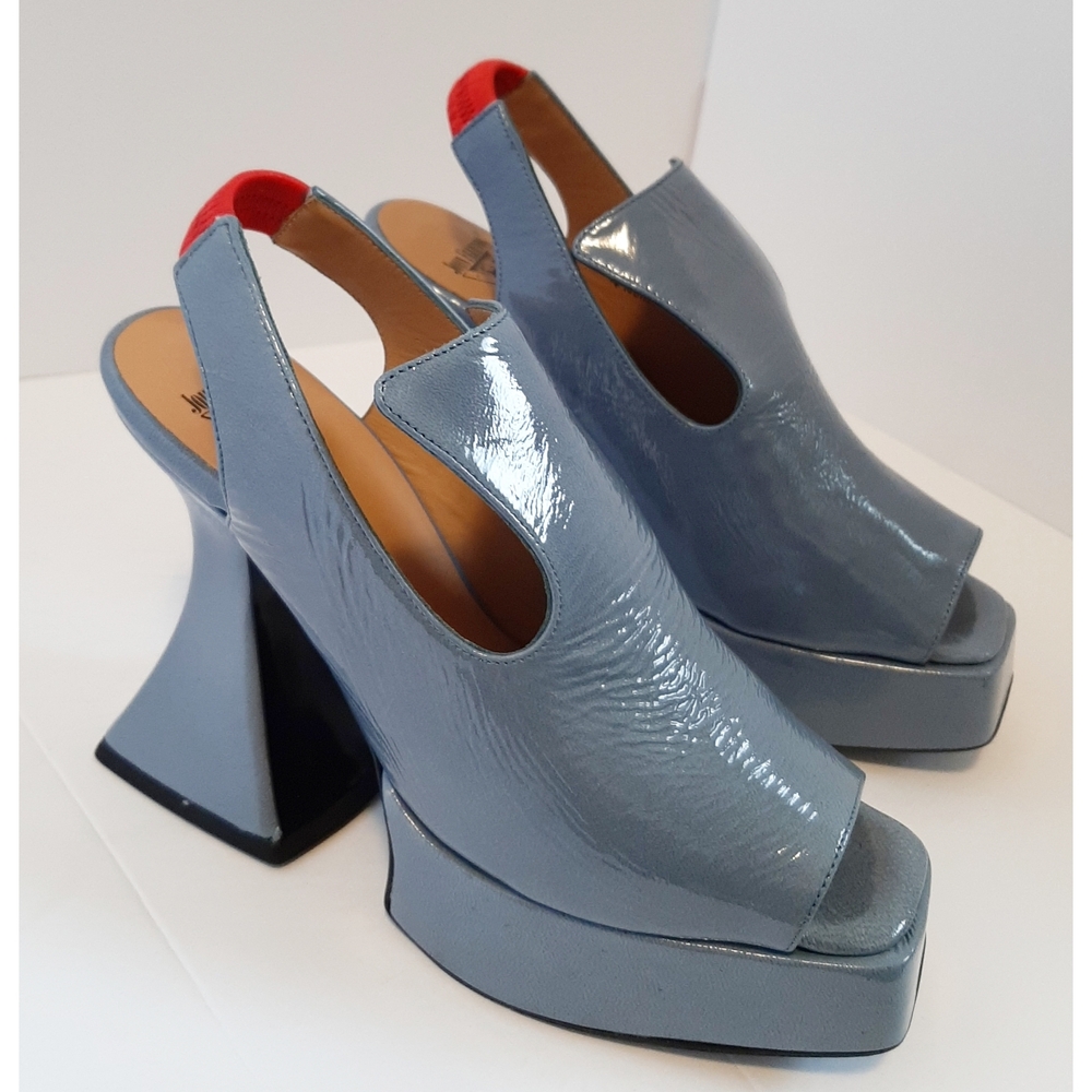 John Fluevog Glossy Blue Platform Slingbacks